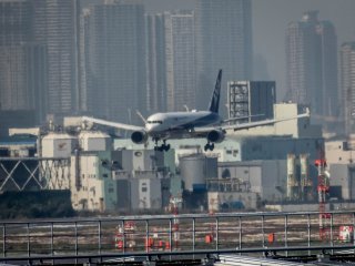 A landing ANA Airlines Airplane. Take note of the Tokyo Skyline in the background 
